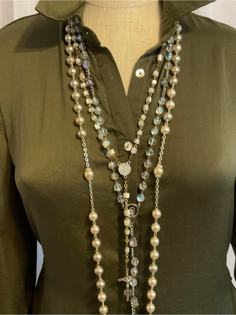 3 Rosaries Silver Pearls Crystal Lot Rosary Beads